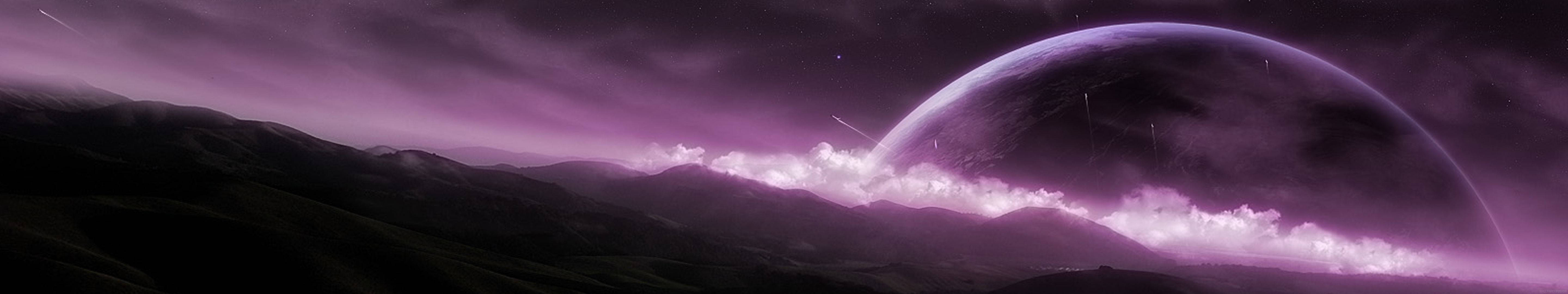 A stunning view of a giant purple Earth over mountains Wallpaper