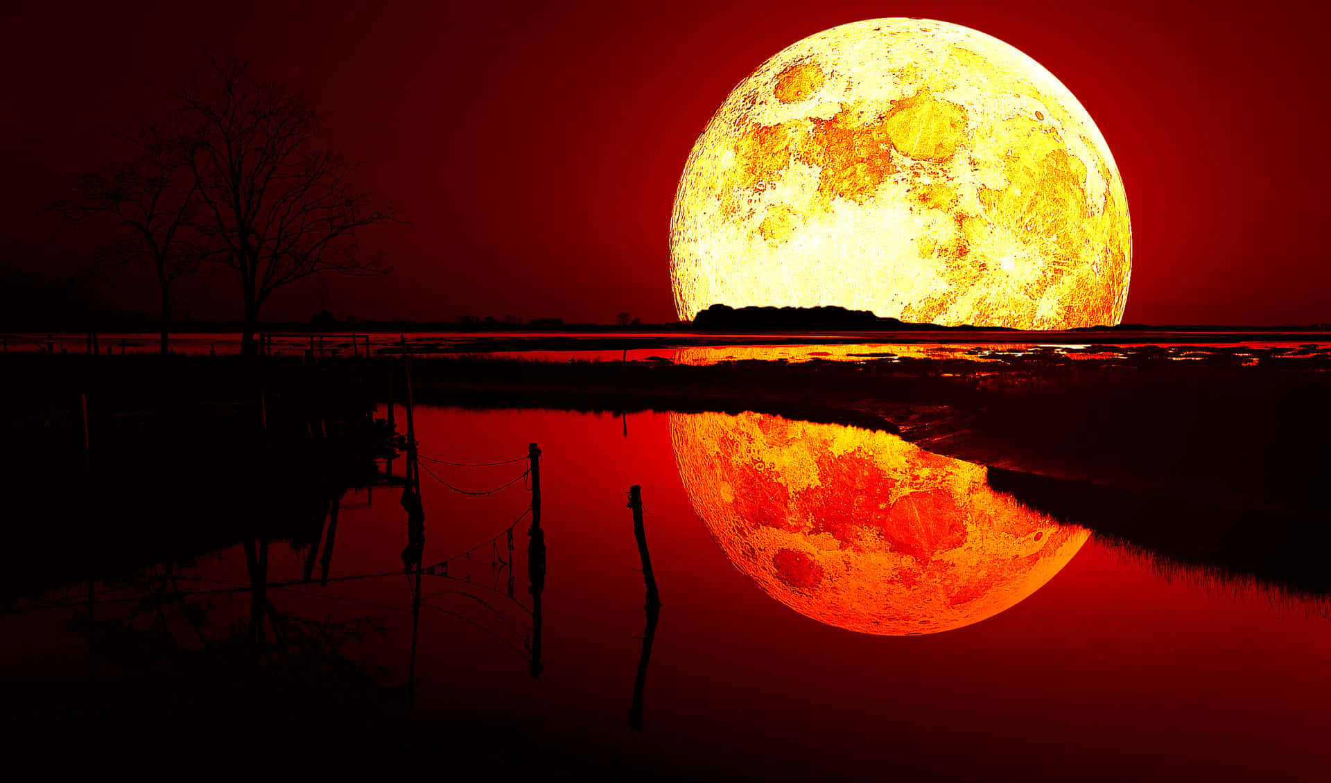 Giant Red Moon Reflection Wallpaper