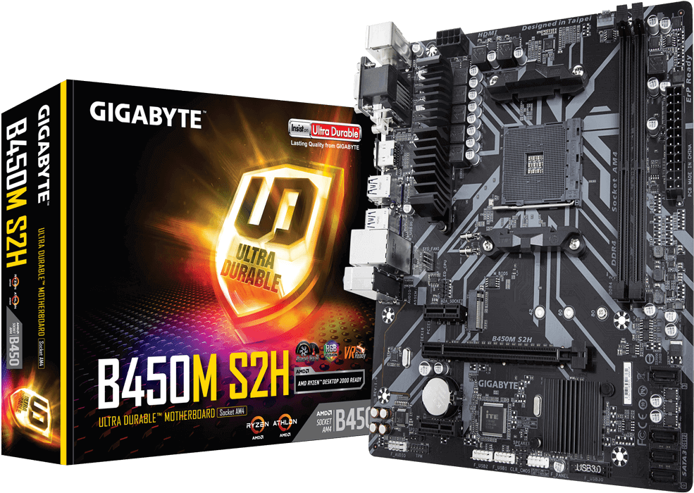 Gigabyte B450 M S2 H Motherboard Packagingand Product PNG