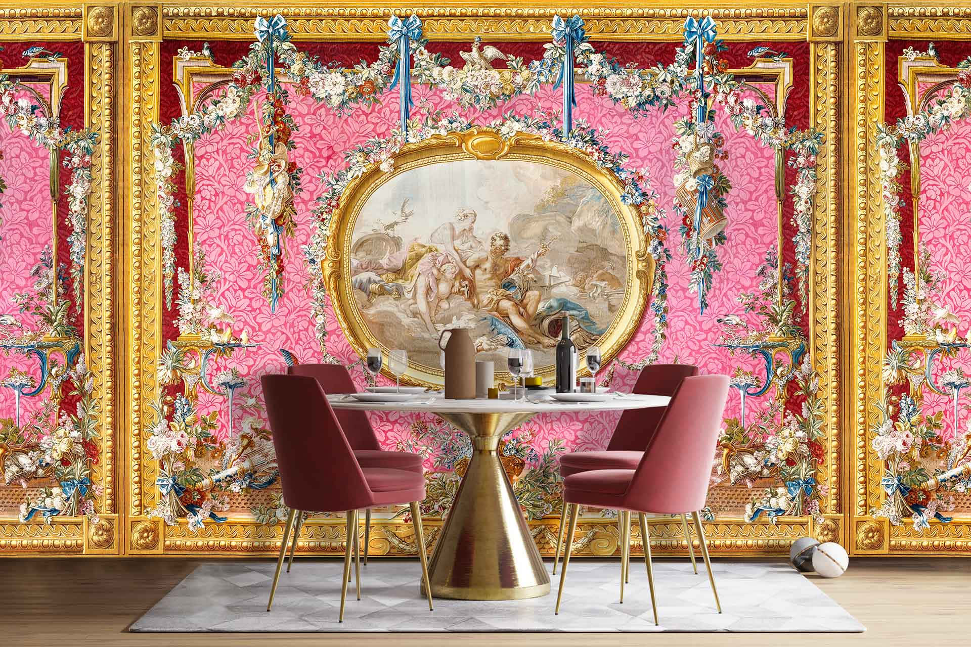 Gilded Details And Pink Theme Of The Restaurant Wallpaper