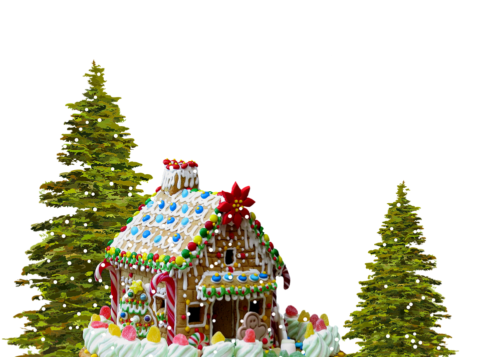 Gingerbread_ House_with_ Christmas_ Trees_and_ Snowfall PNG