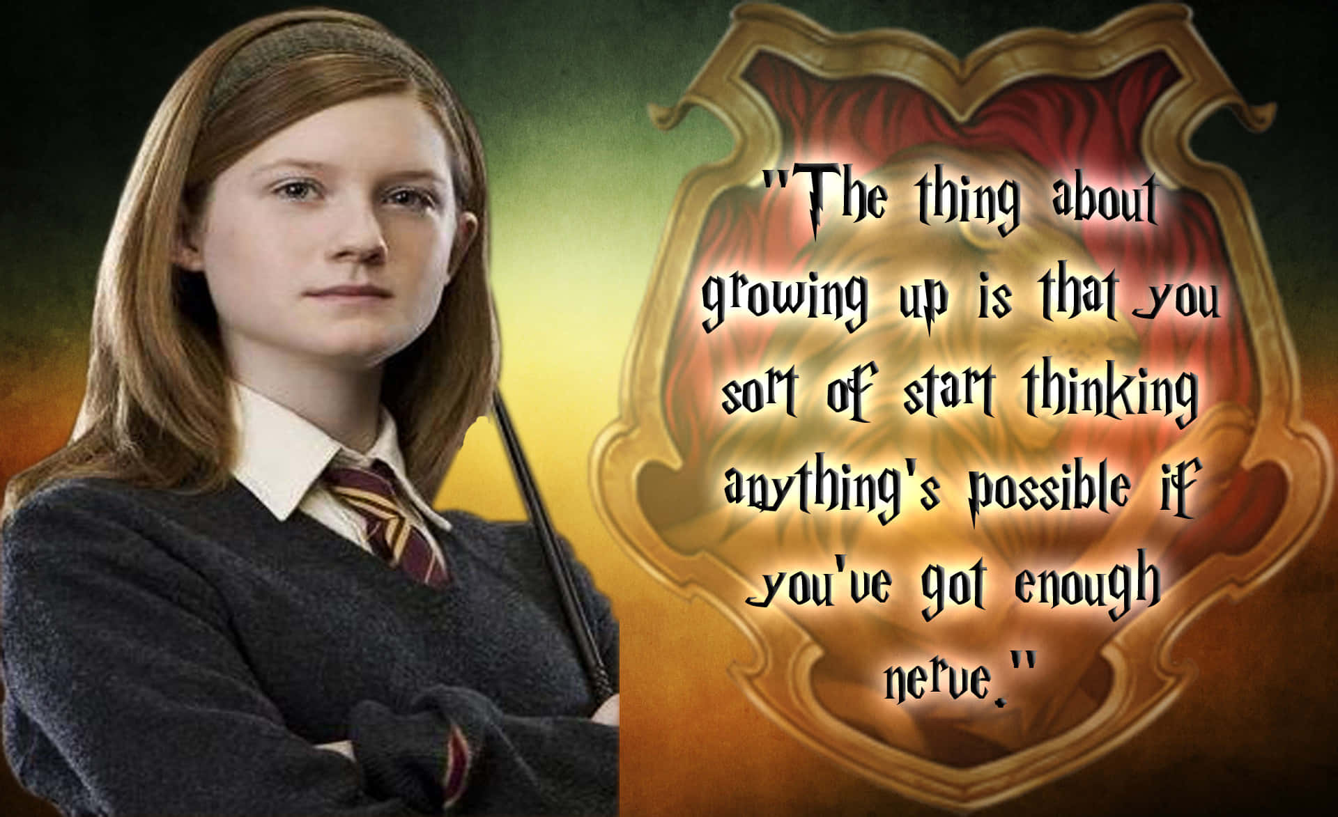 Ginny Weasley striking a pose in her Gryffindor uniform Wallpaper