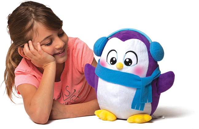 Girl Admiring Stuffed Penguin Toy PNG