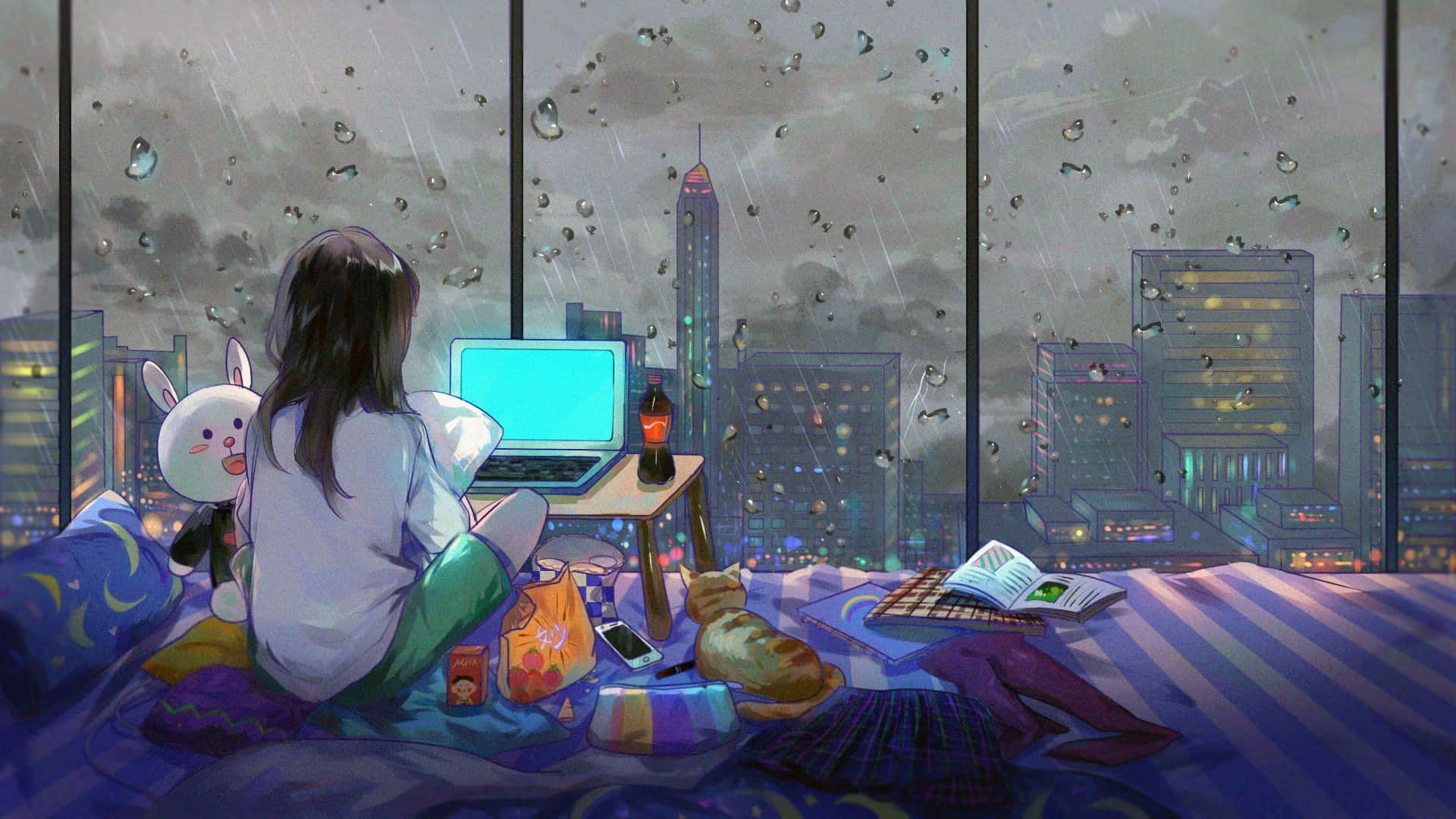 En pige sidder på en seng med en bærbar computer Wallpaper
