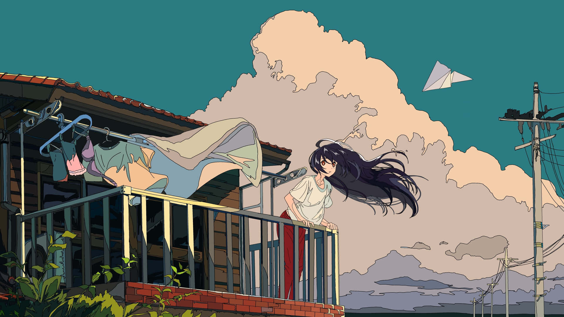Girl Aesthetic Terrace Windy Desktop Wallpaper