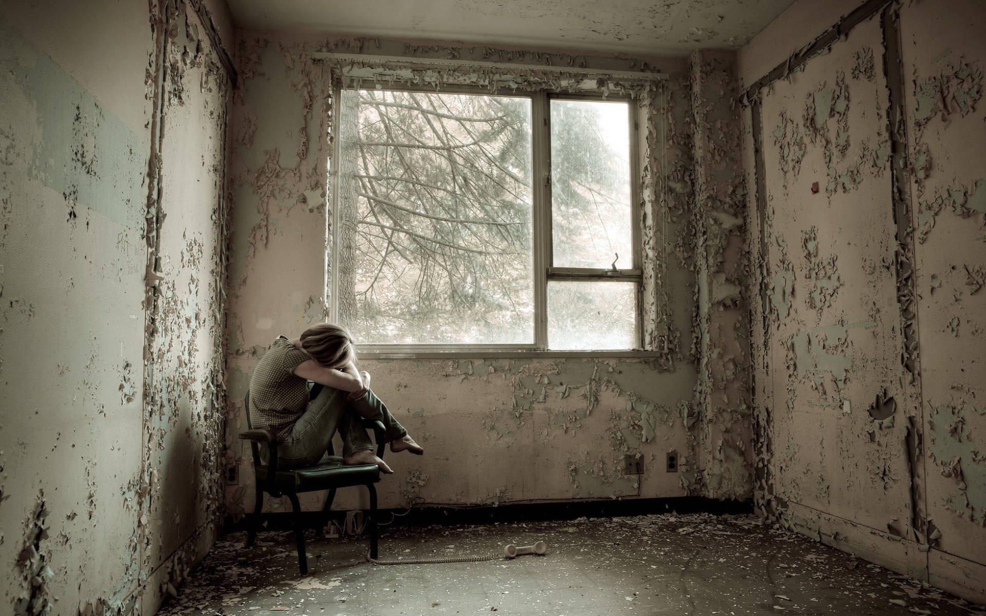 Girl Alone In Old Room Background