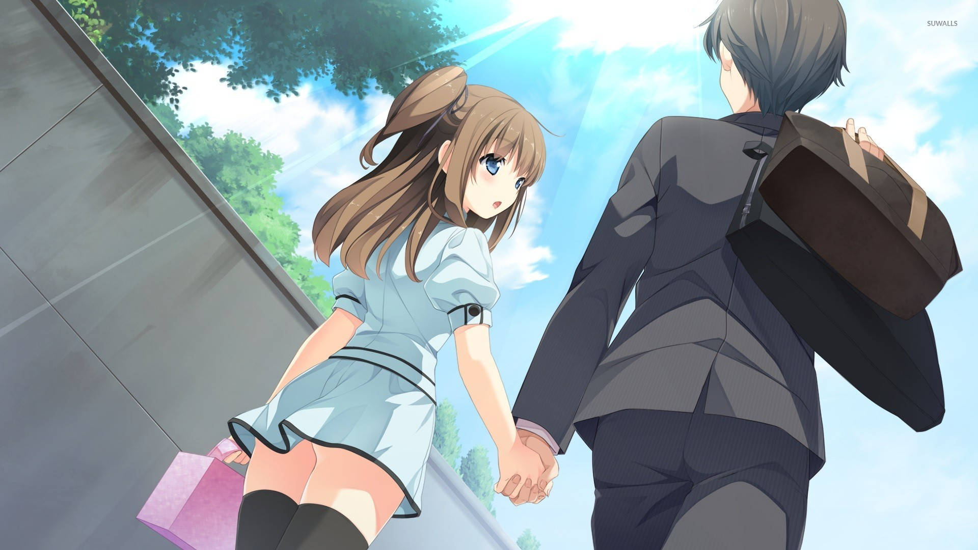 Girl And Boy Holding Hands Anime Background