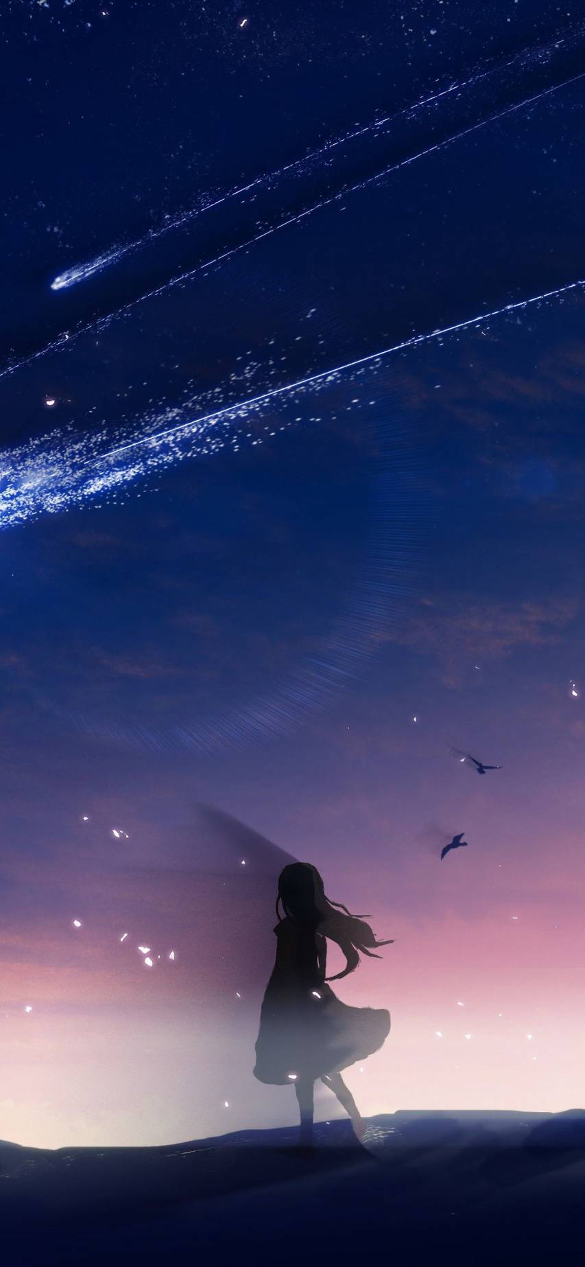 Pige og komet æstetisk anime iPhone tapet. Wallpaper