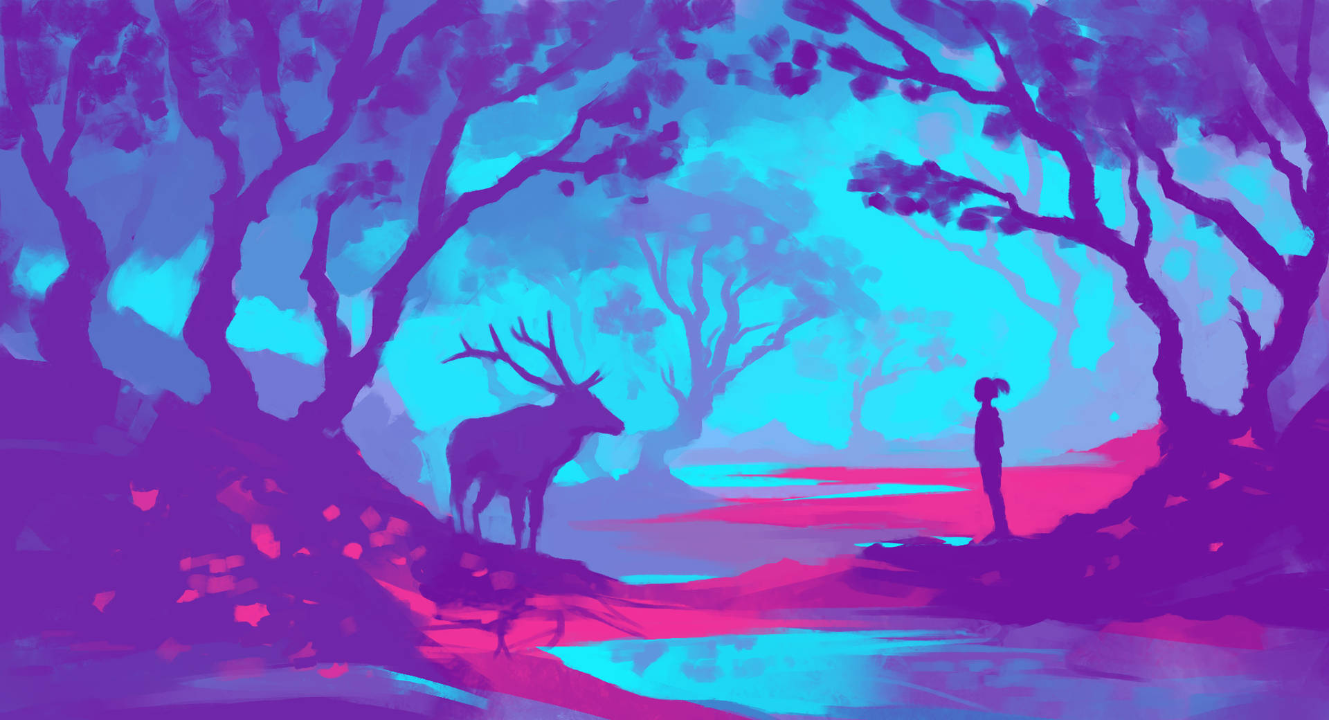 Girl And Deer Digital Drawing Wallpaper