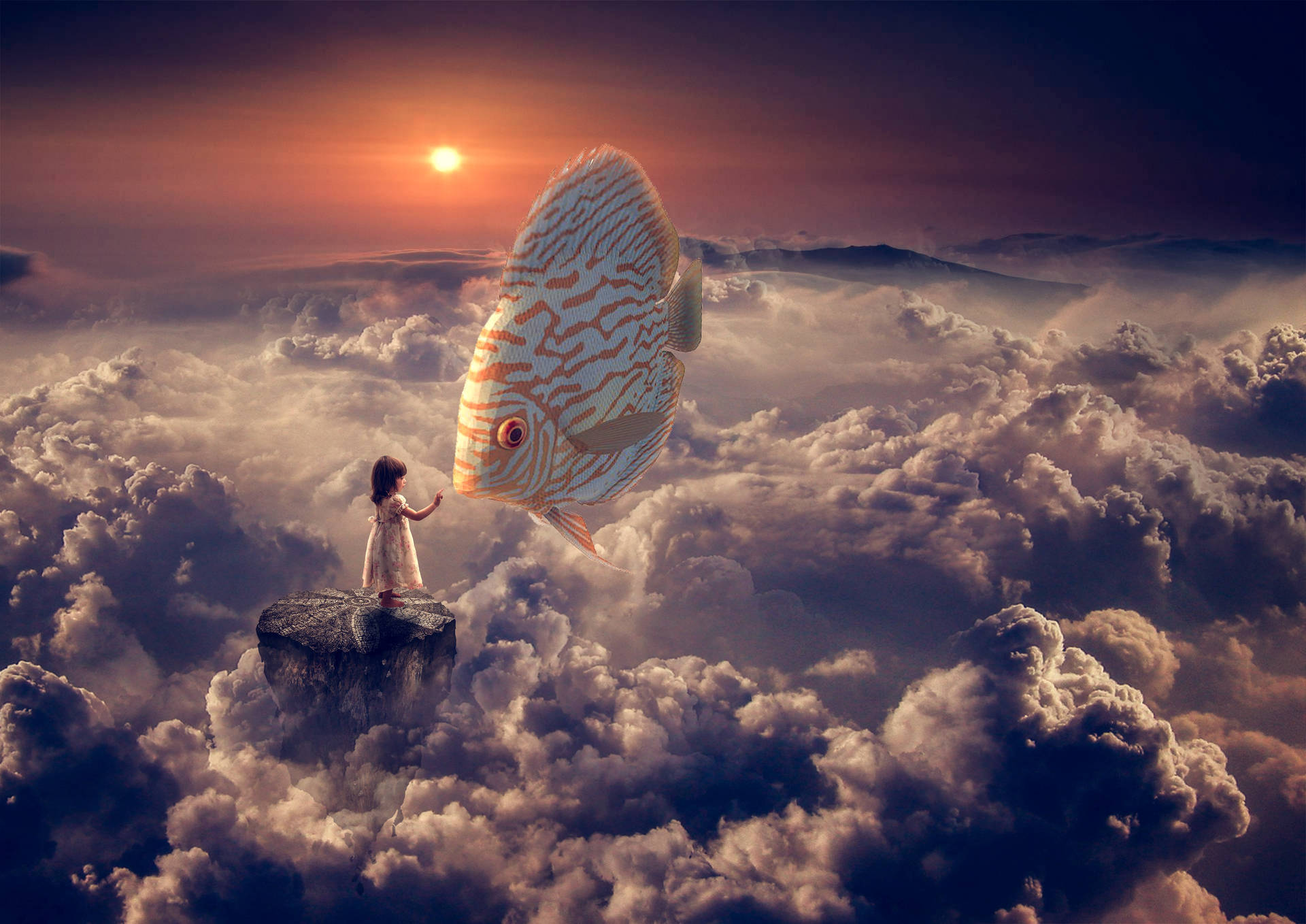 Girl And Fish In Clouds Fantasy Wallpaper