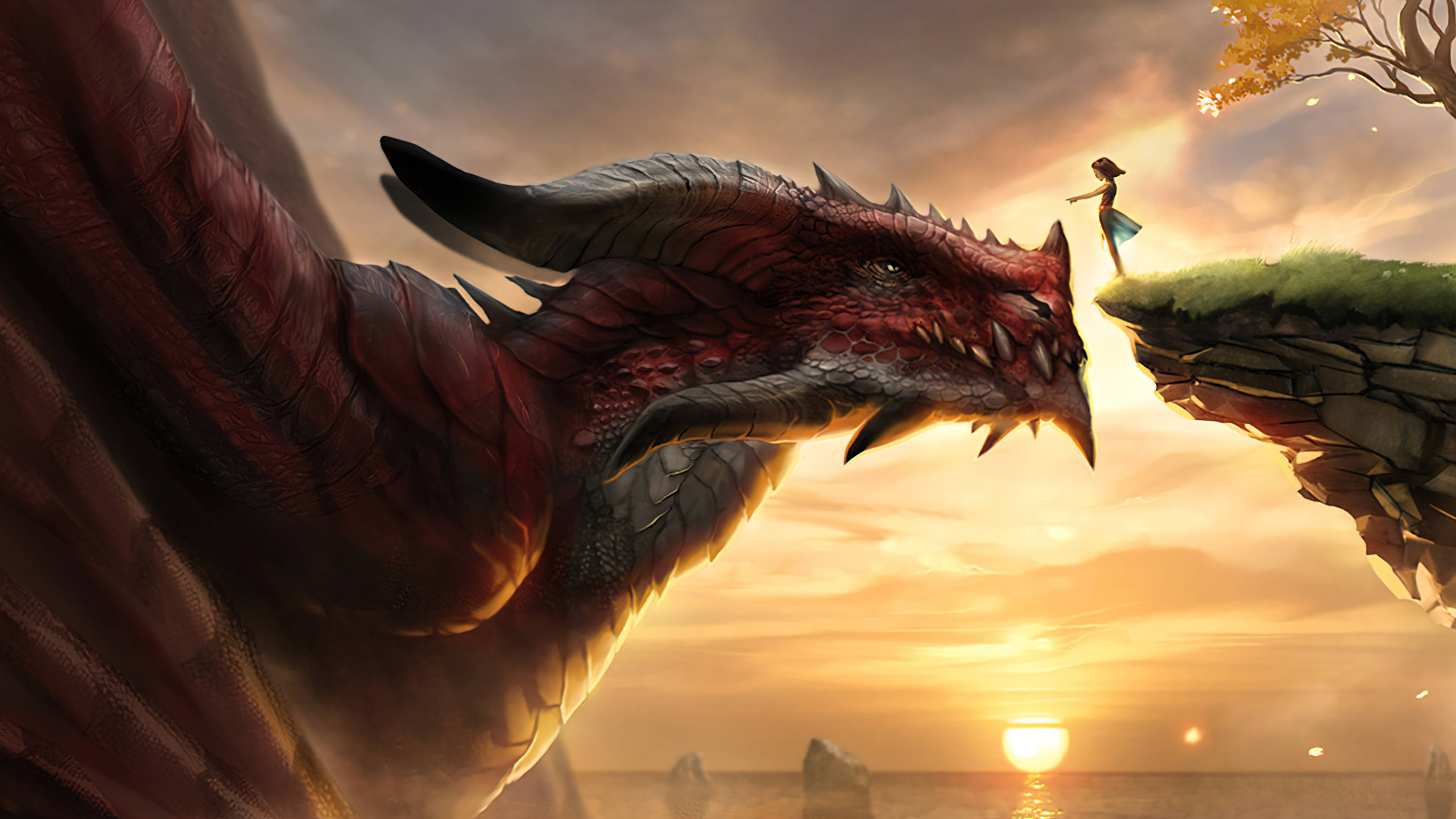Girl And Really Cool Dragons Wallpaper