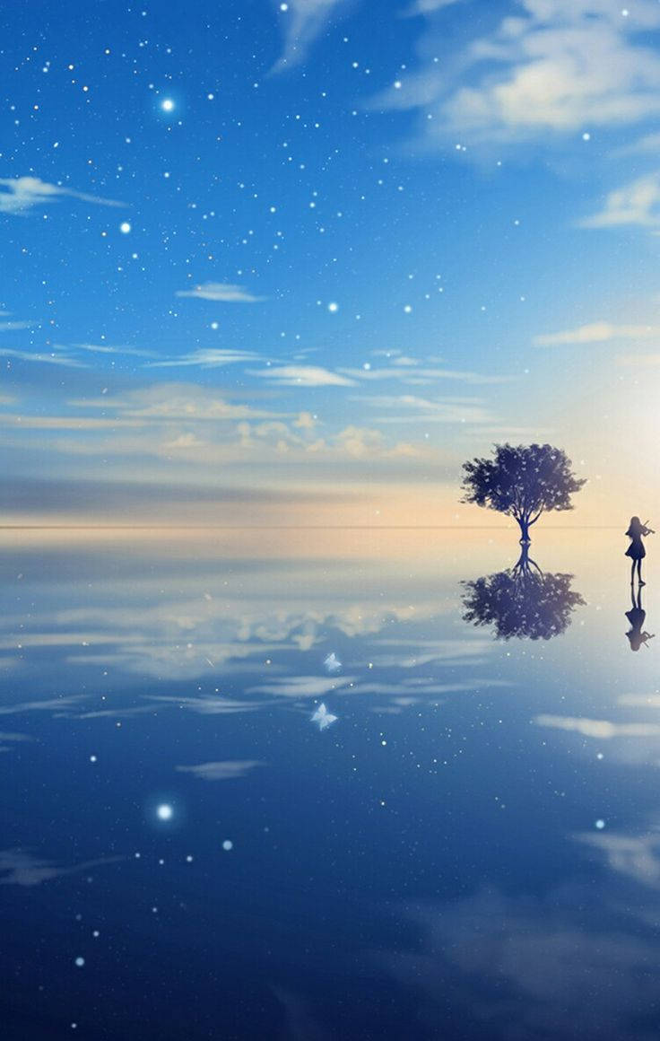 Girl And Tree Reflection Phone Wallpaper