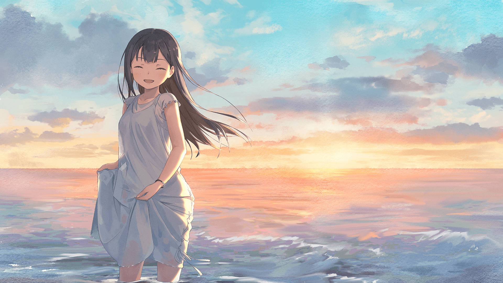 Download Girl At Sea Anime Aesthetic Sunset Wallpaper 