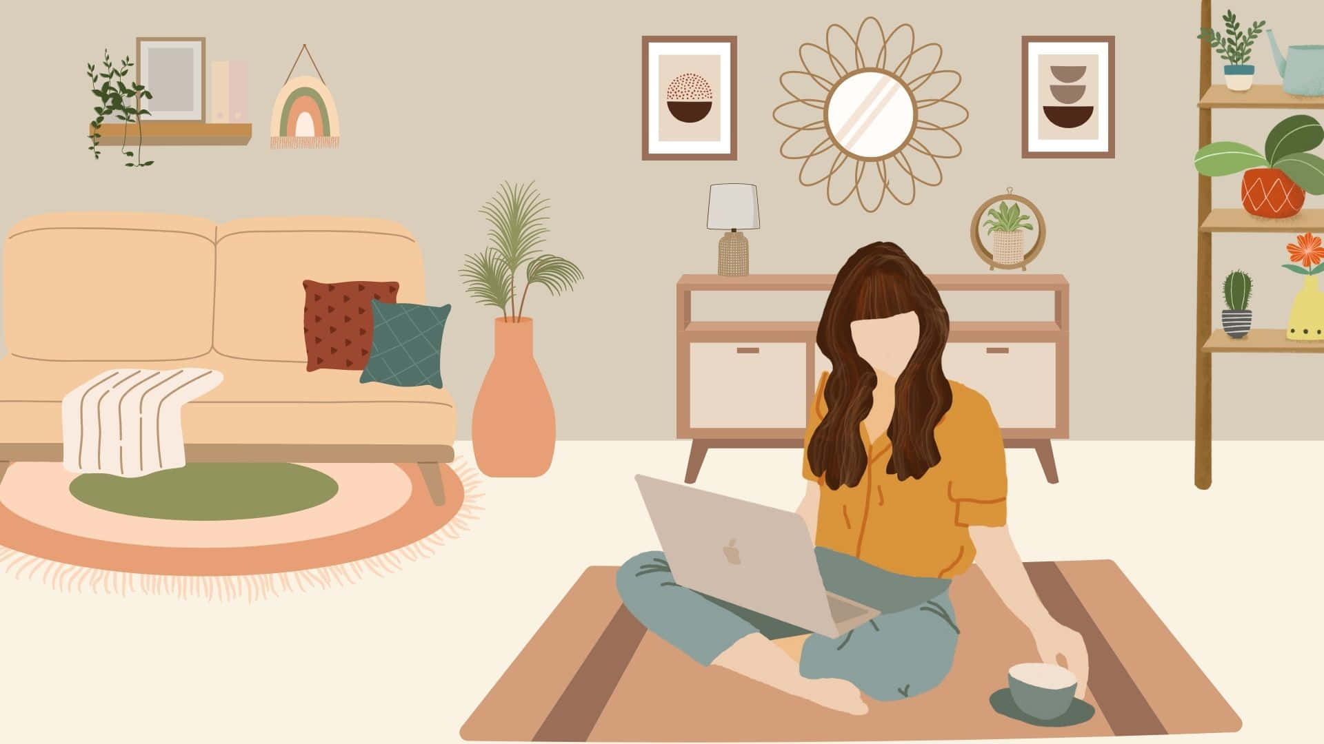 Einefrau Sitzt Auf Dem Boden Mit Einem Laptop In Ihrem Wohnzimmer.