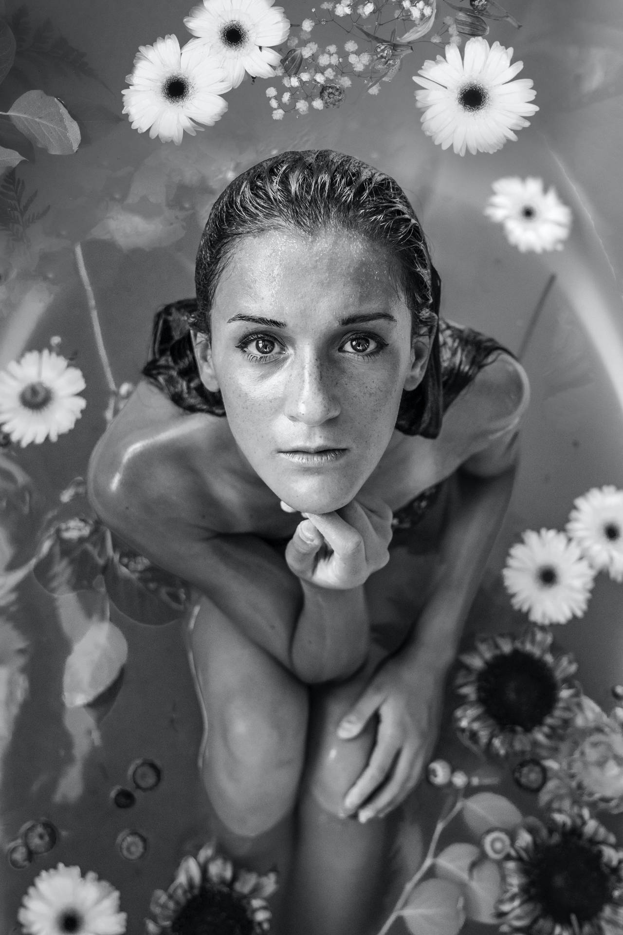 Girl Bathing With Flowers Black And White Portrait Wallpaper