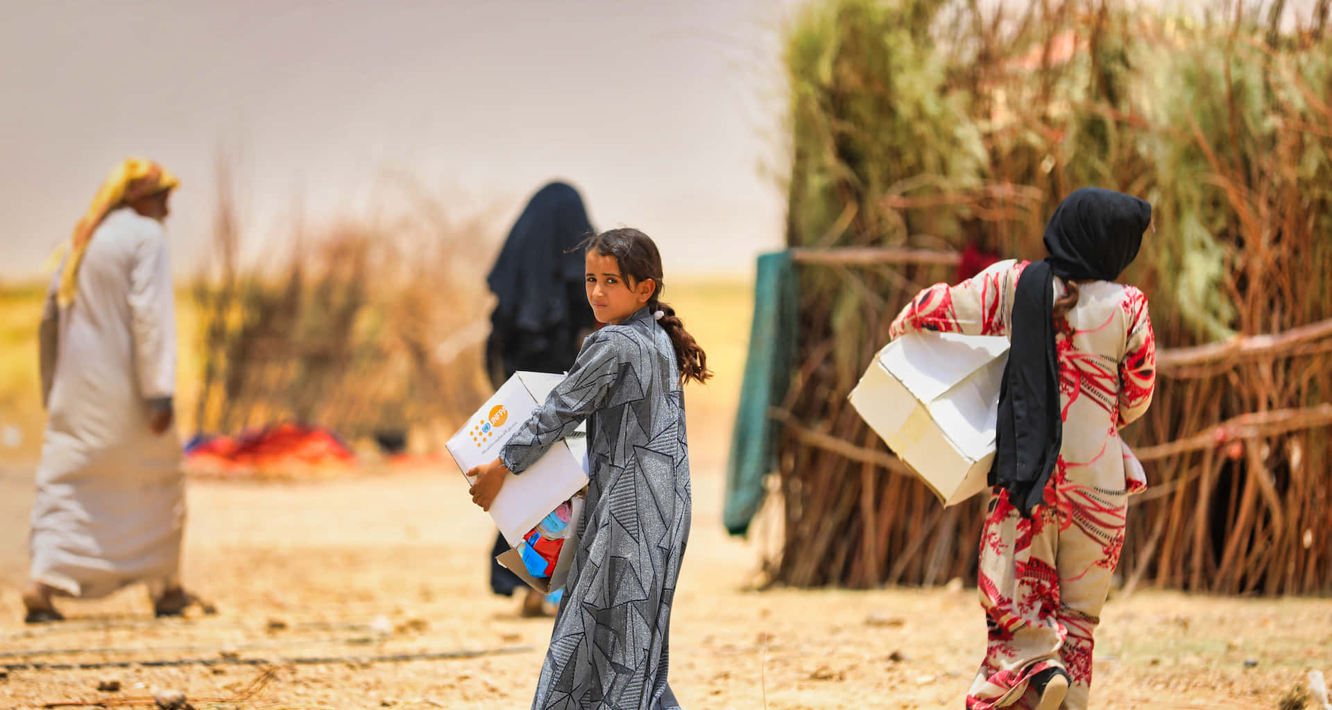 Girl Carrying Box Of Humanitarian Aid Wallpaper