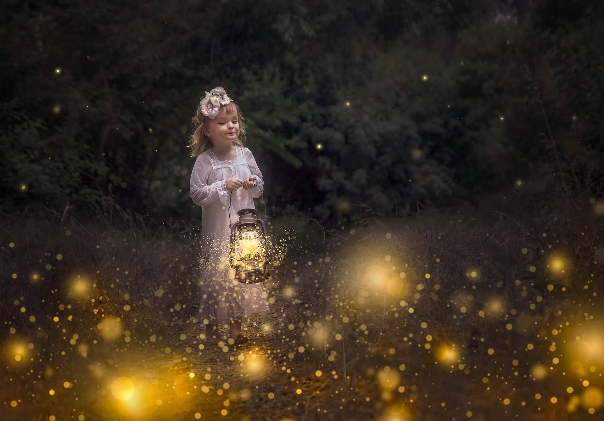 Girl Child And Shimmering Fireflies Wallpaper