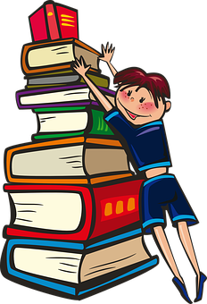 Girl Climbing Book Pile PNG