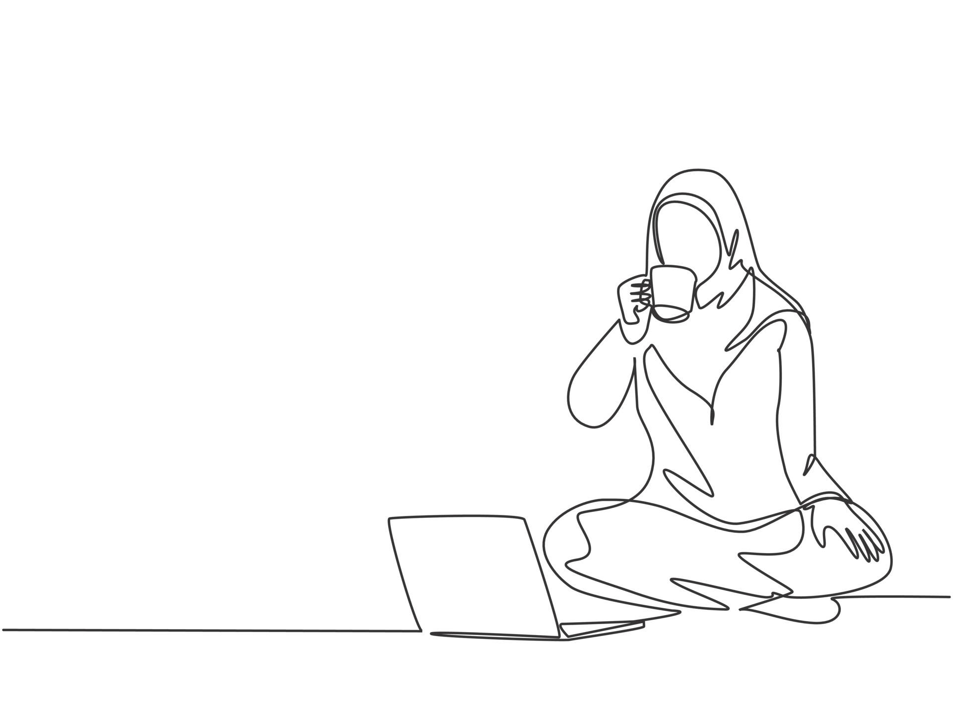 Girl Coffee And Laptop Line Art Wallpaper