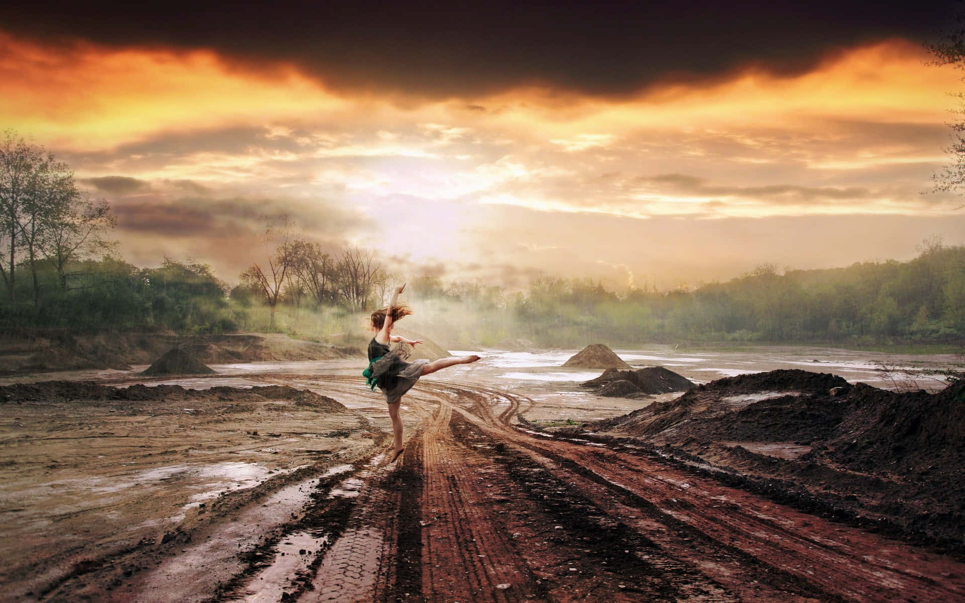 Girl Dancing On Mud Road Sunset Wallpaper