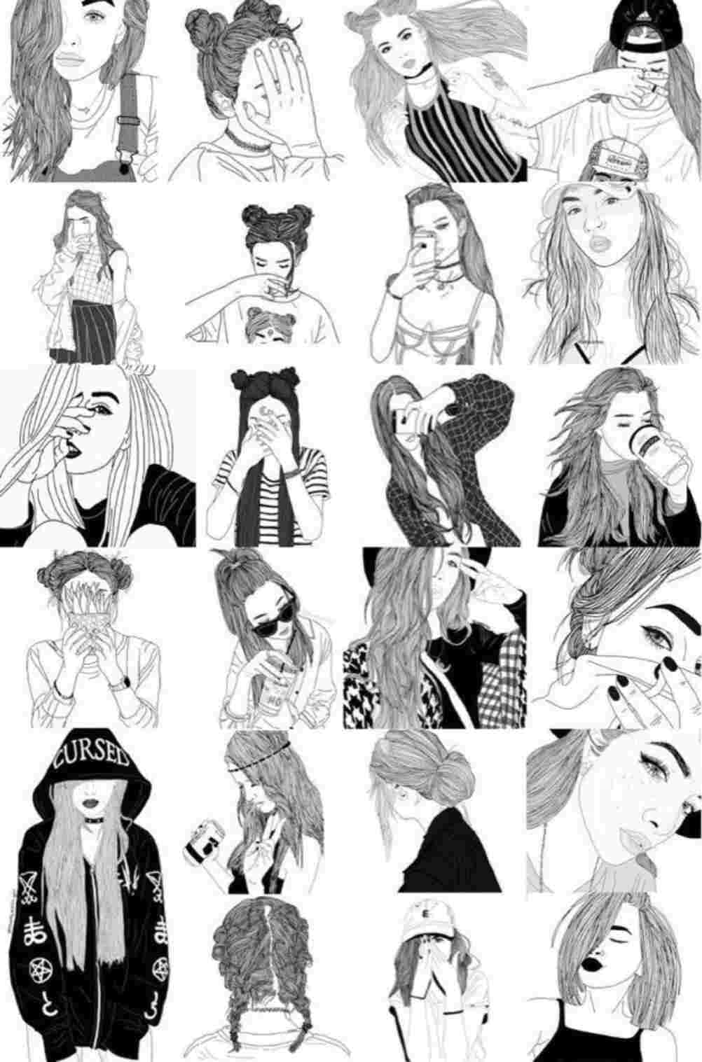 A Black And White Drawing Of A Girl With Different Hair Styles Wallpaper