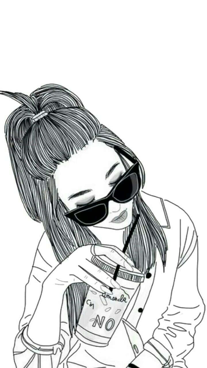 En pige, der bærer solbriller og holder et krus kaffe Wallpaper