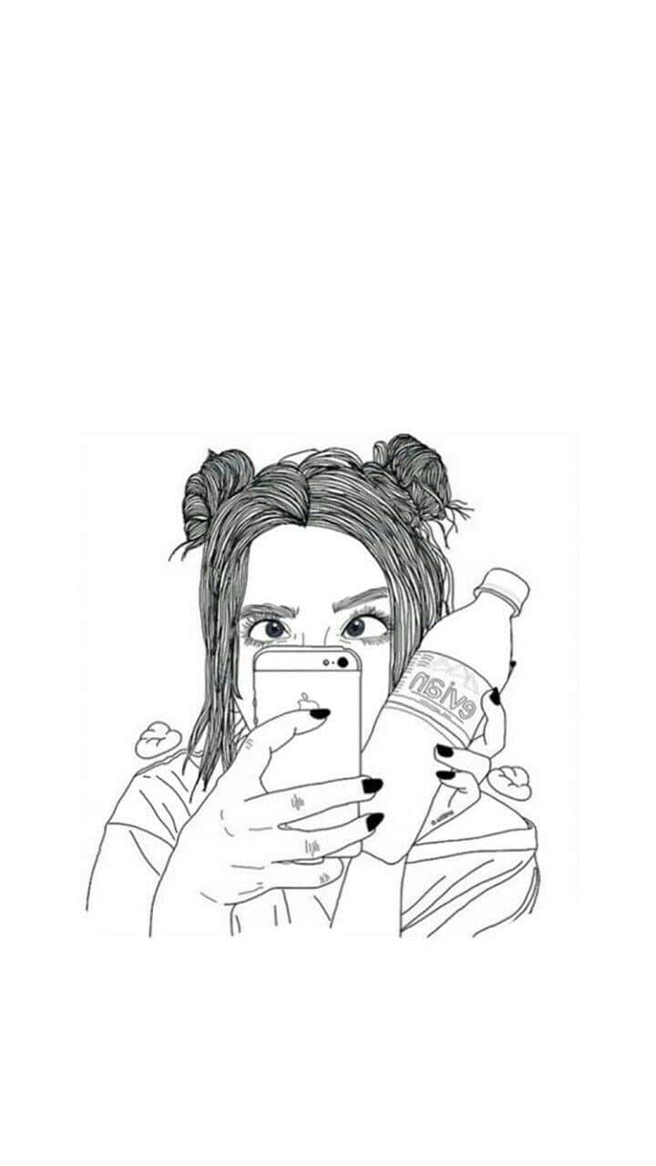 A Drawing Of A Girl Holding A Bottle Of Water Wallpaper