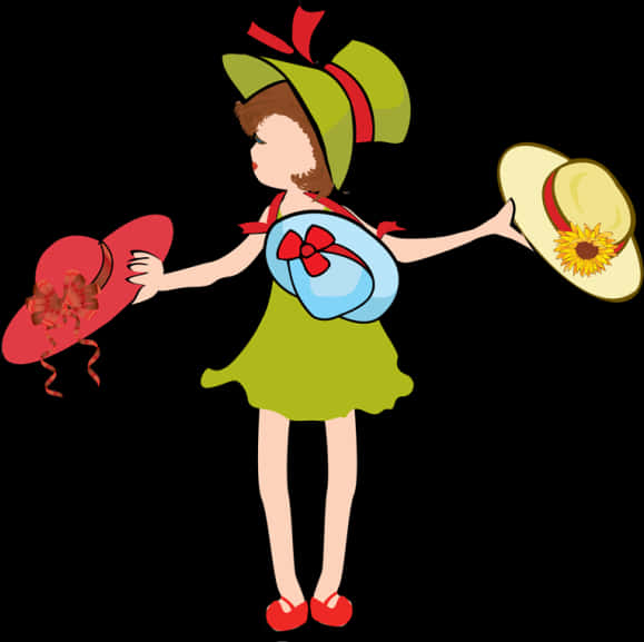 Girl Holding Two Hats Illustration PNG