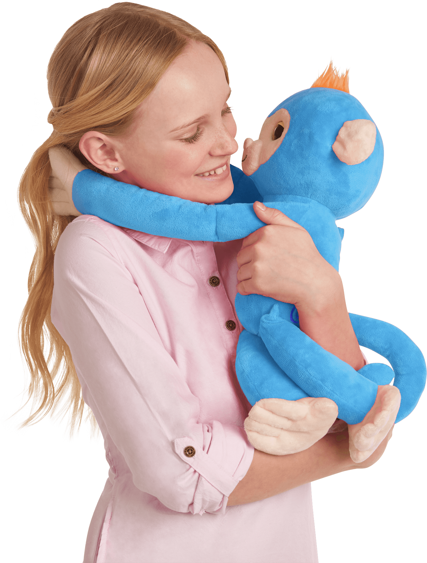 Girl Hugging Blue Plush Monkey PNG