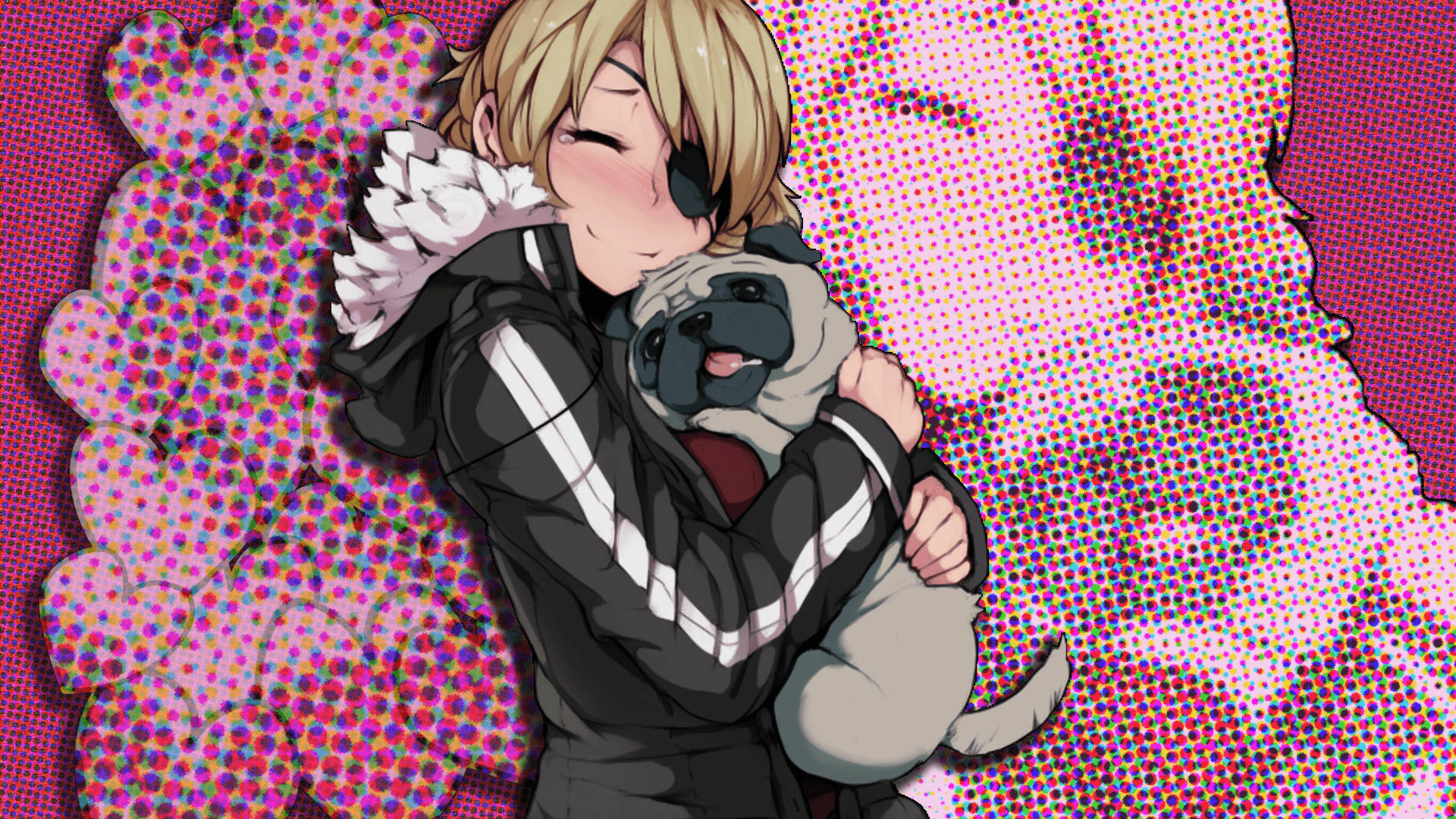 Girl Hugging Pug Anime Dog Background