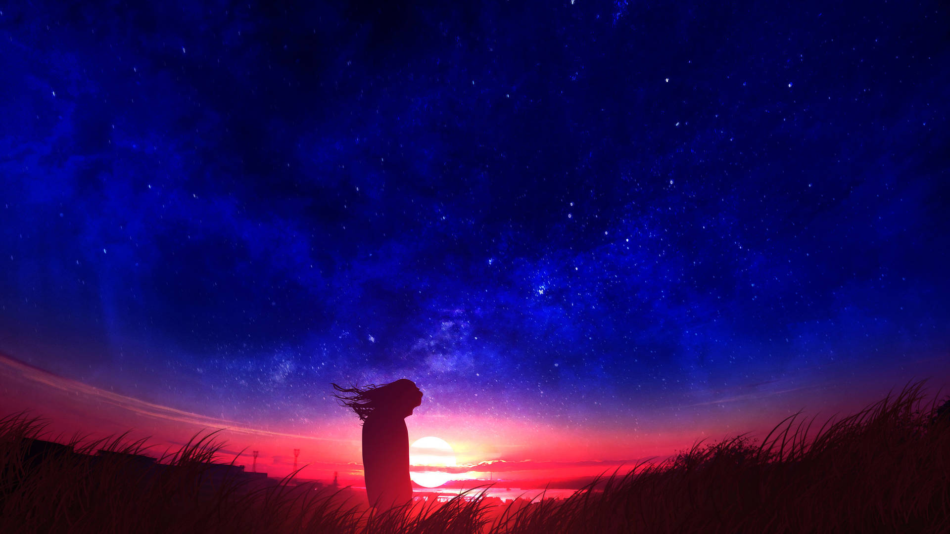 Girl In Field Anime Aesthetic Sunset
