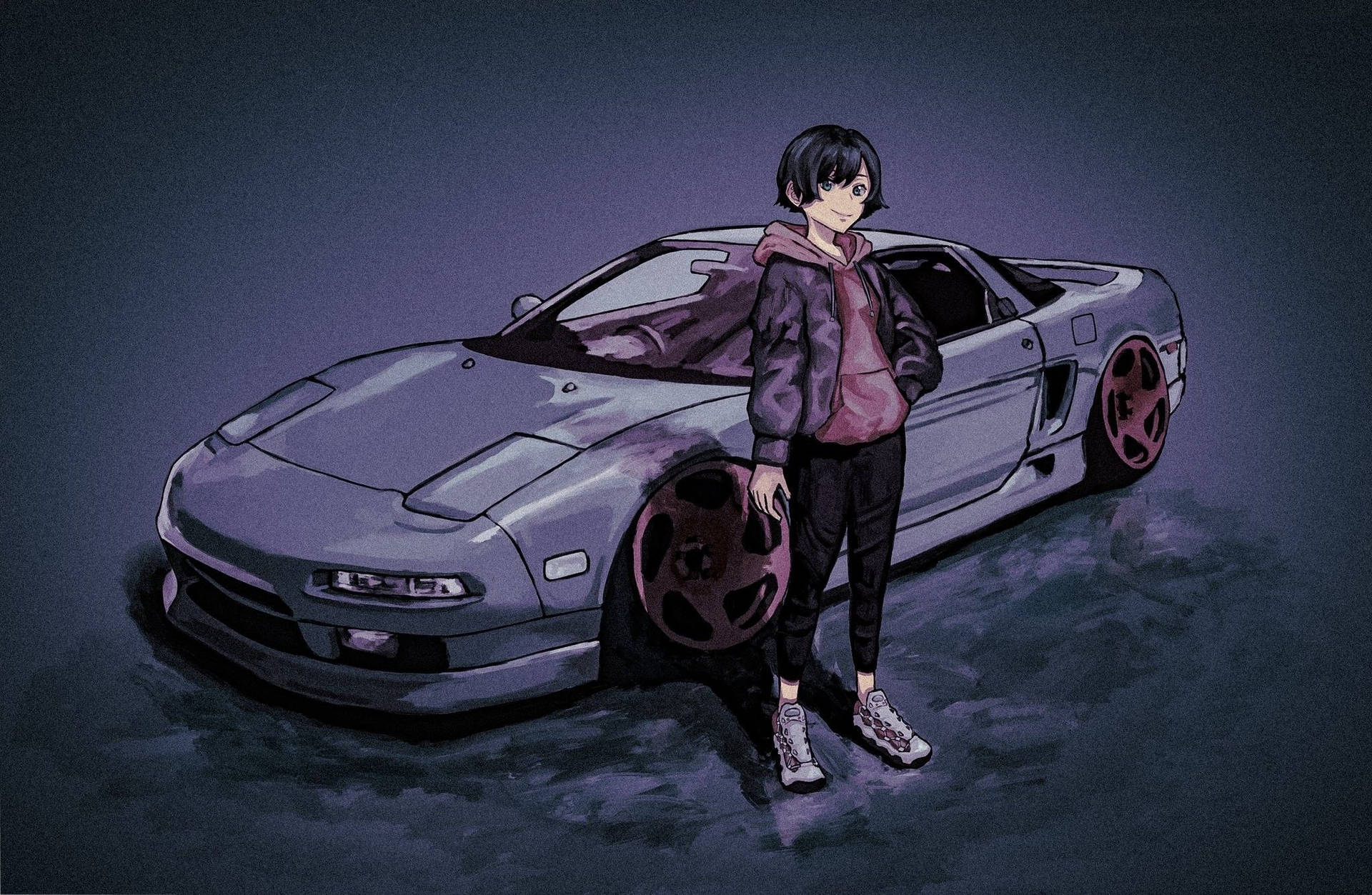Girl In Hoodie Next To Car Anime Wallpaper