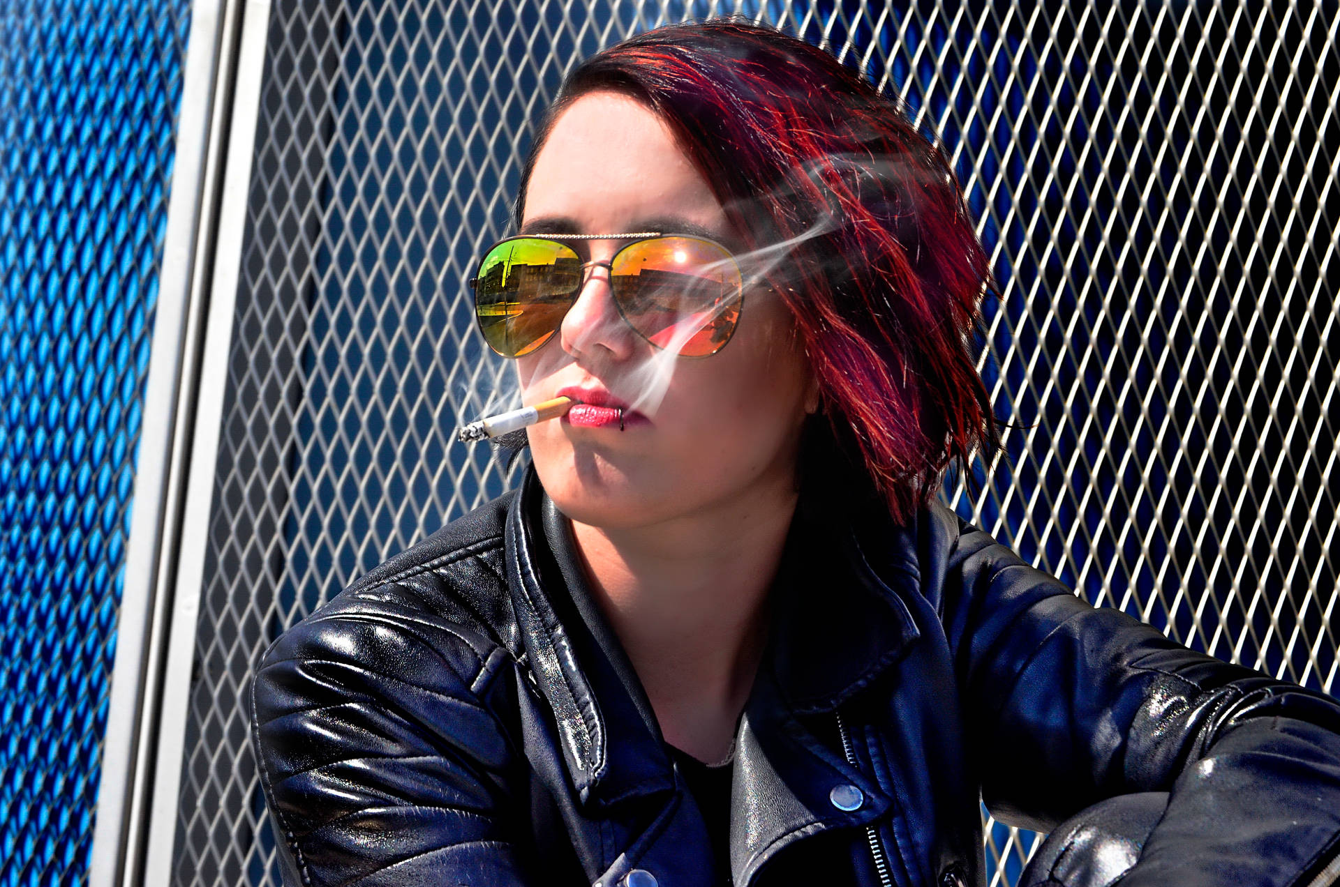 Girl In Leather Jacket Smoking Wallpaper