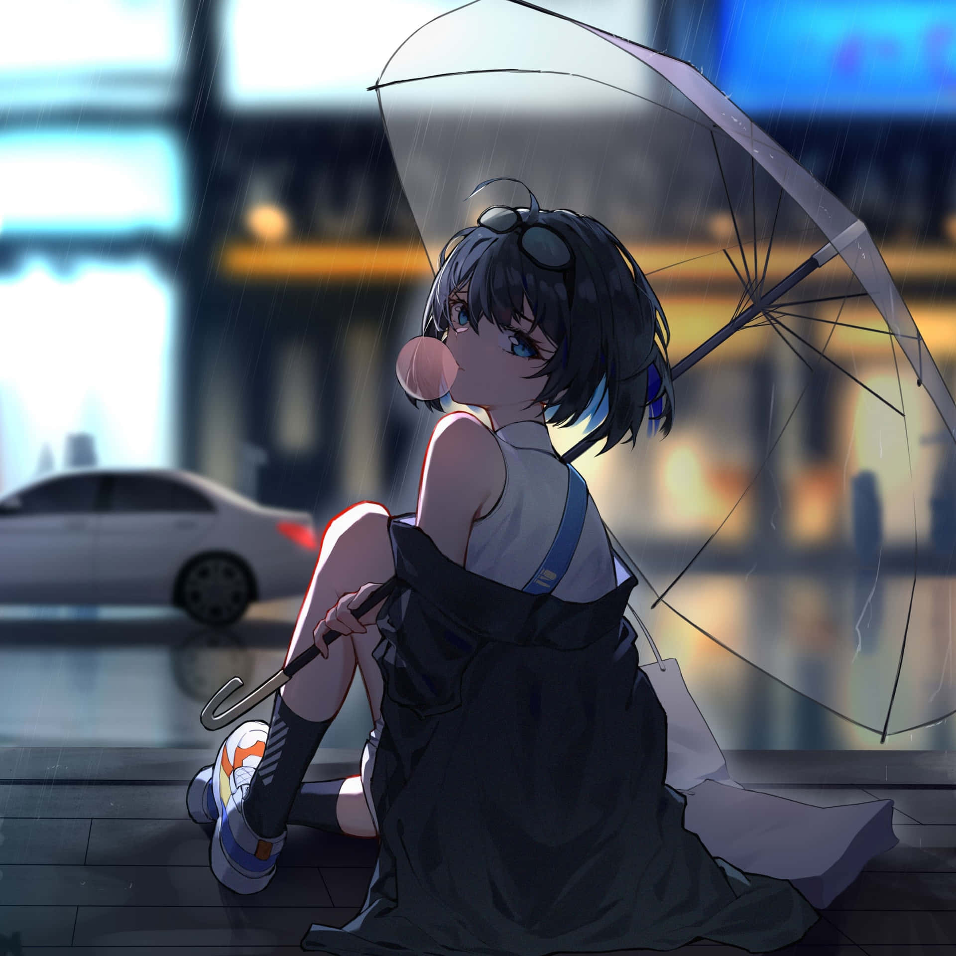 Cool Anime City Girl With Umbrella IPad Wallpaper