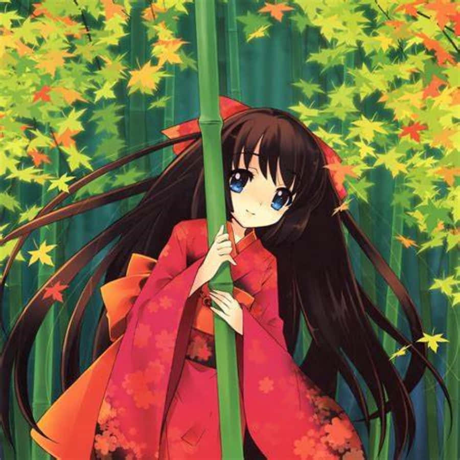 Chicade Anime Japonés En El Bosque De Bambú Para Ipad. Fondo de pantalla