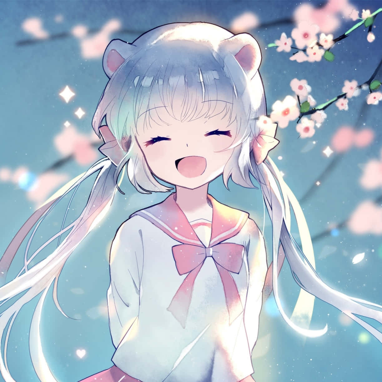 Happy Anime School Girl At Spring IPad Wallpaper