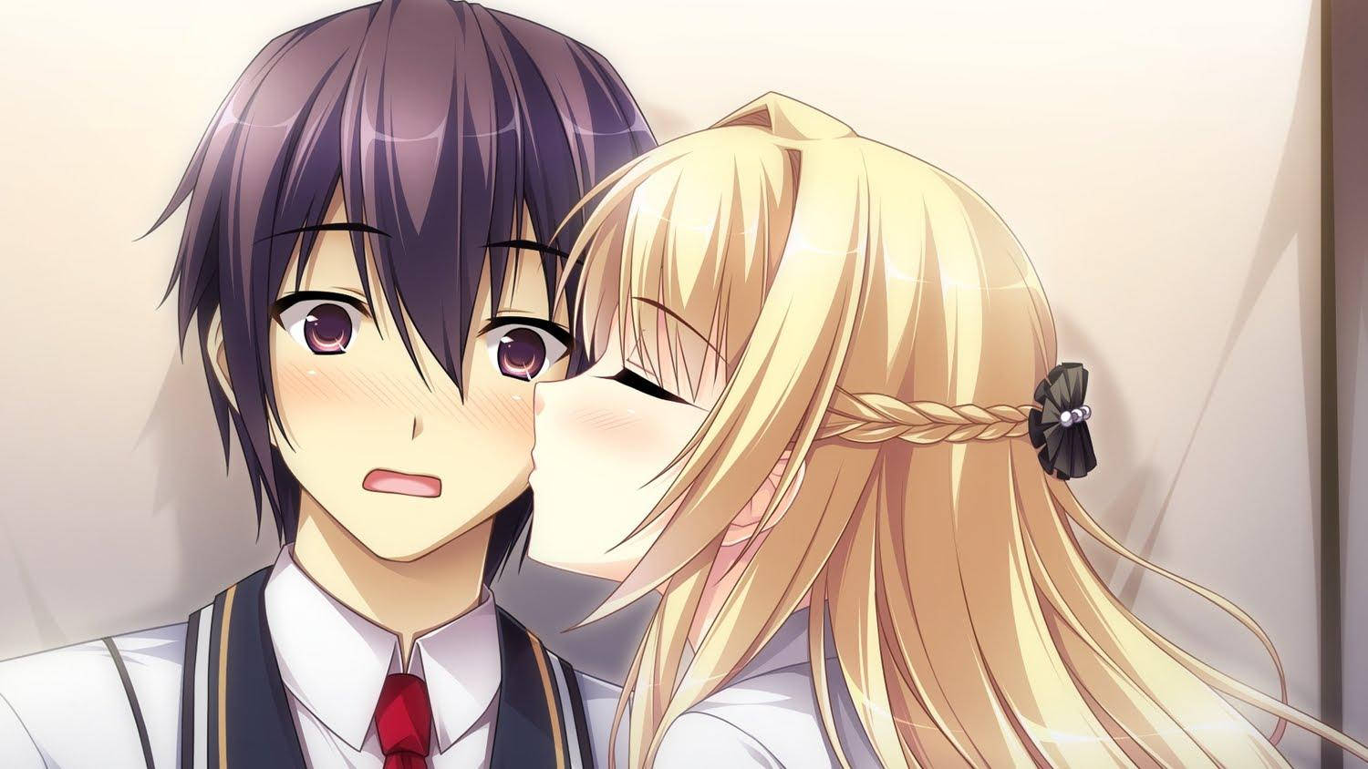 Girl Kissing Boy Romantic Anime Background Wallpaper