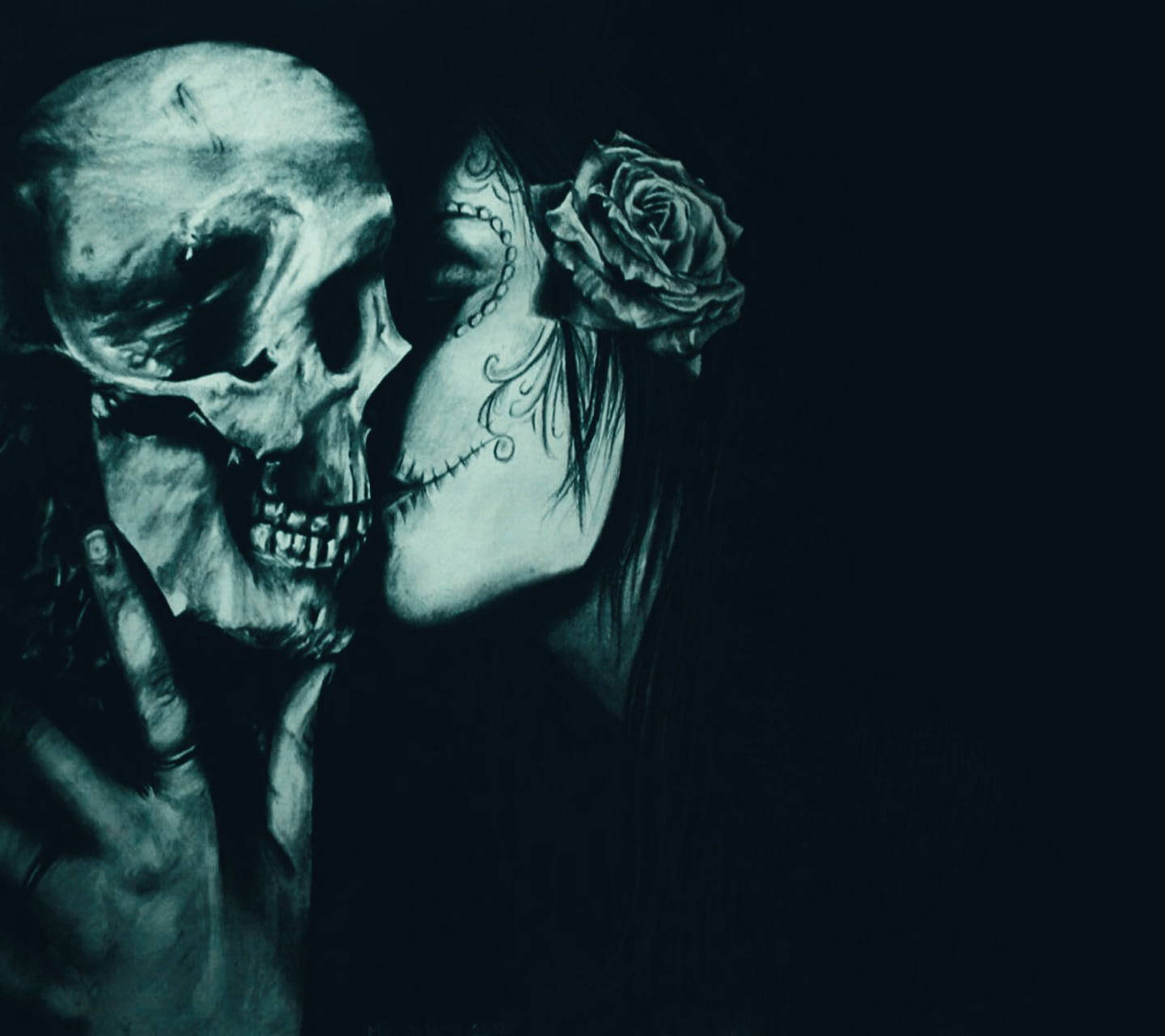 Girl Kissing Skeleton Aesthetic In Black Wallpaper