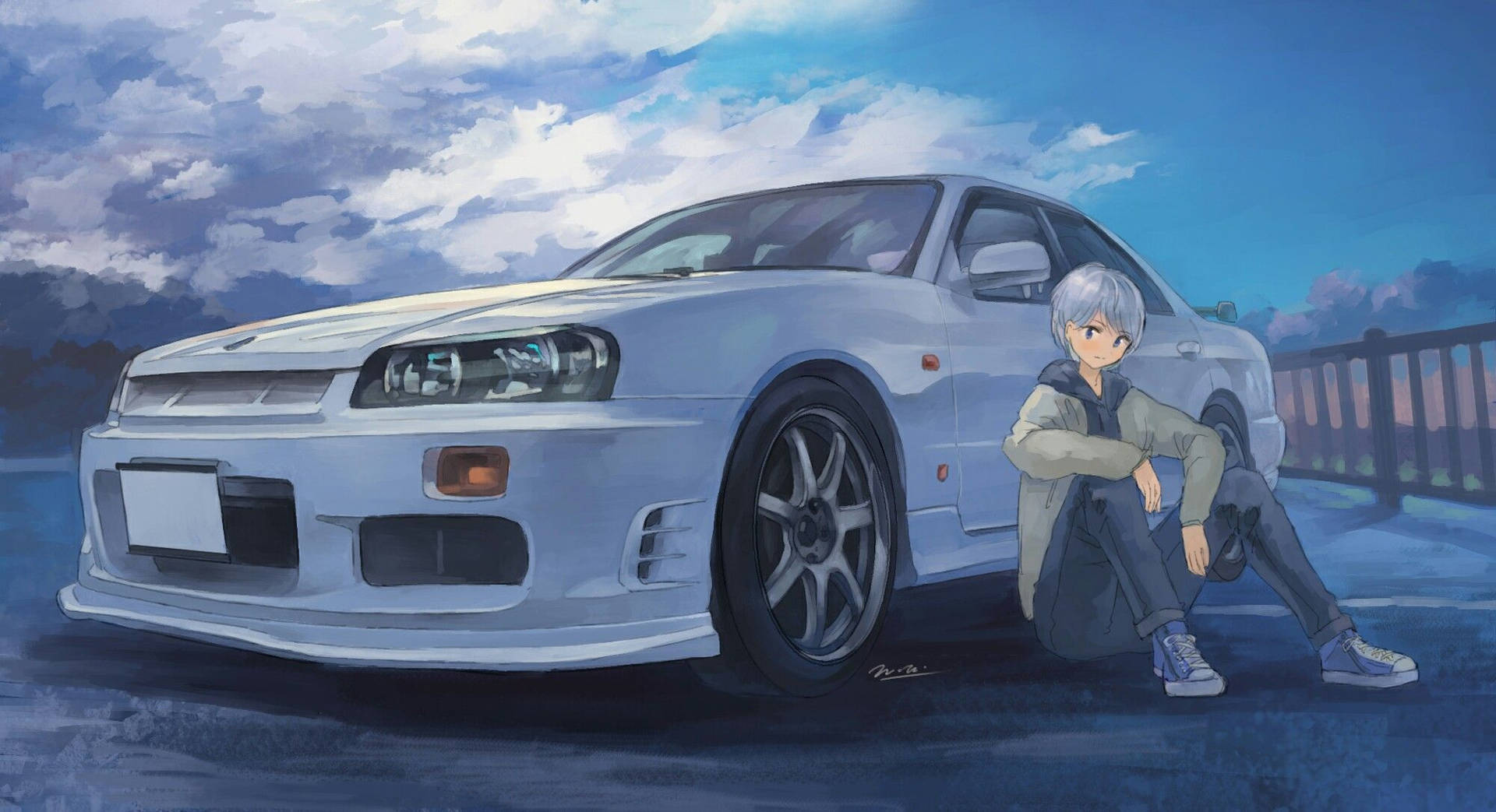Girl Leaning On A Nissan Car Anime Wallpaper