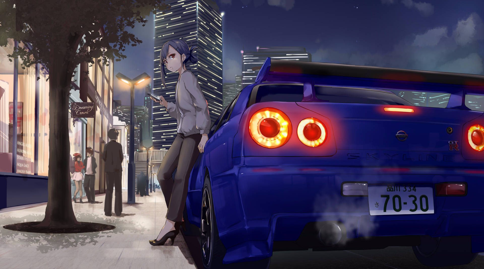 Girl Leaning On A Nissan Skyline Car Anime Background
