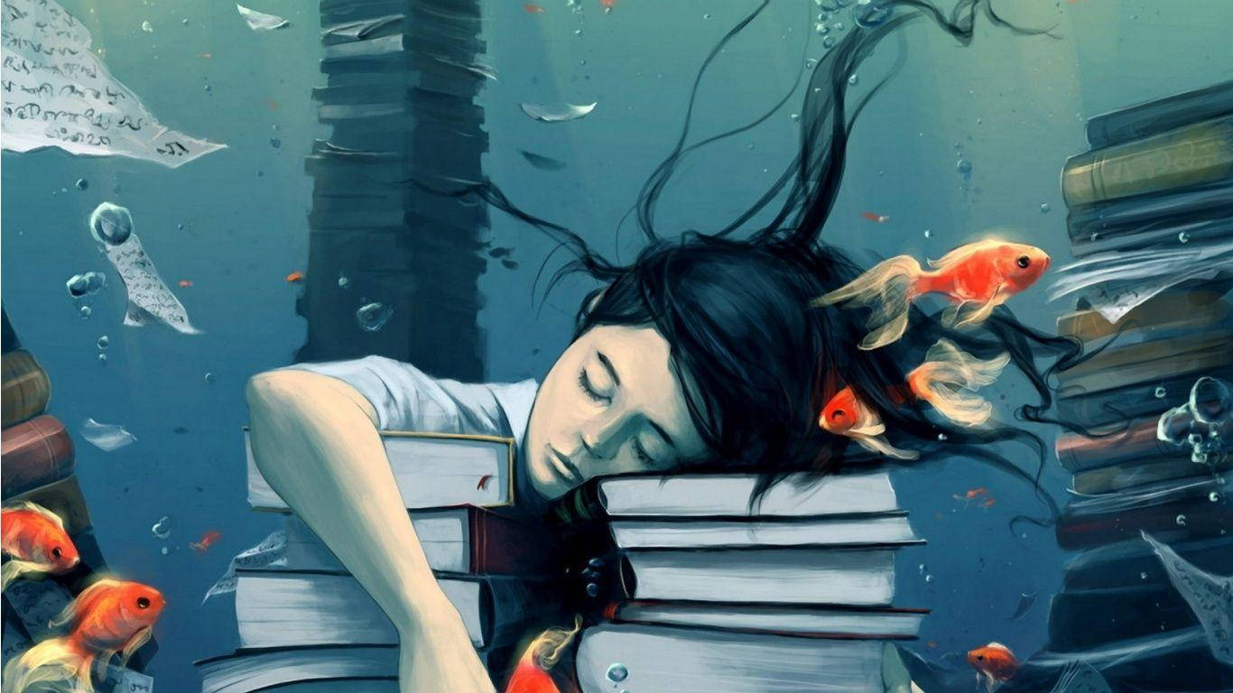 Girl Learning Underwater With Goldfish Wallpaper