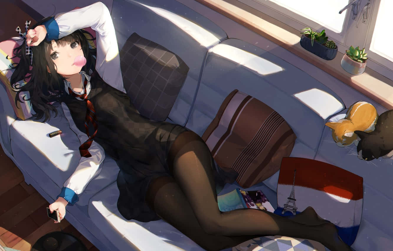 Chicaacostada En Un Sofá Con Una Burbuja De Chicle, Estilo Anime. Fondo de pantalla