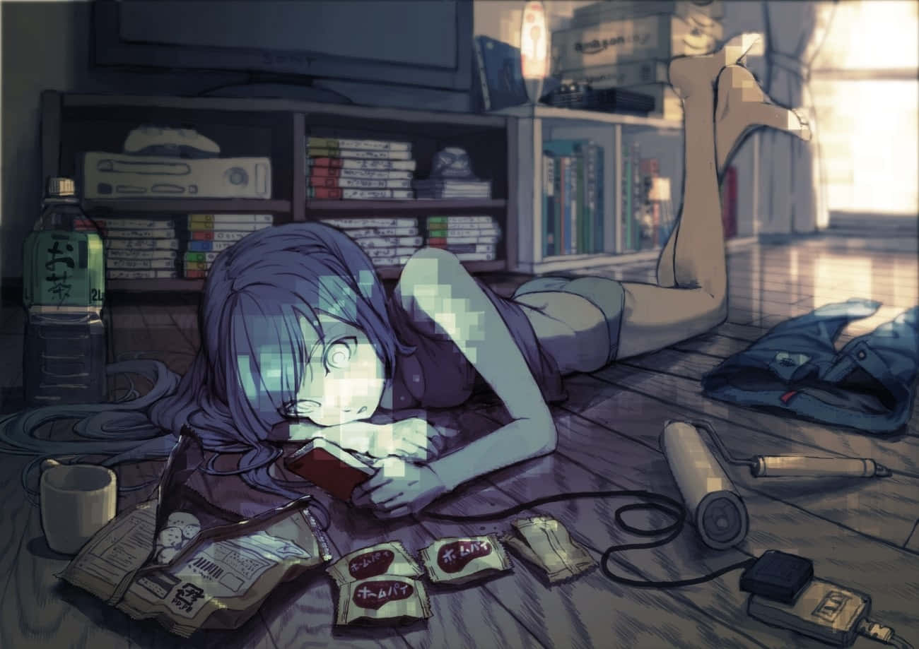 Mädchenliegt Auf Dem Boden Und Spielt Anime-spiele. Wallpaper