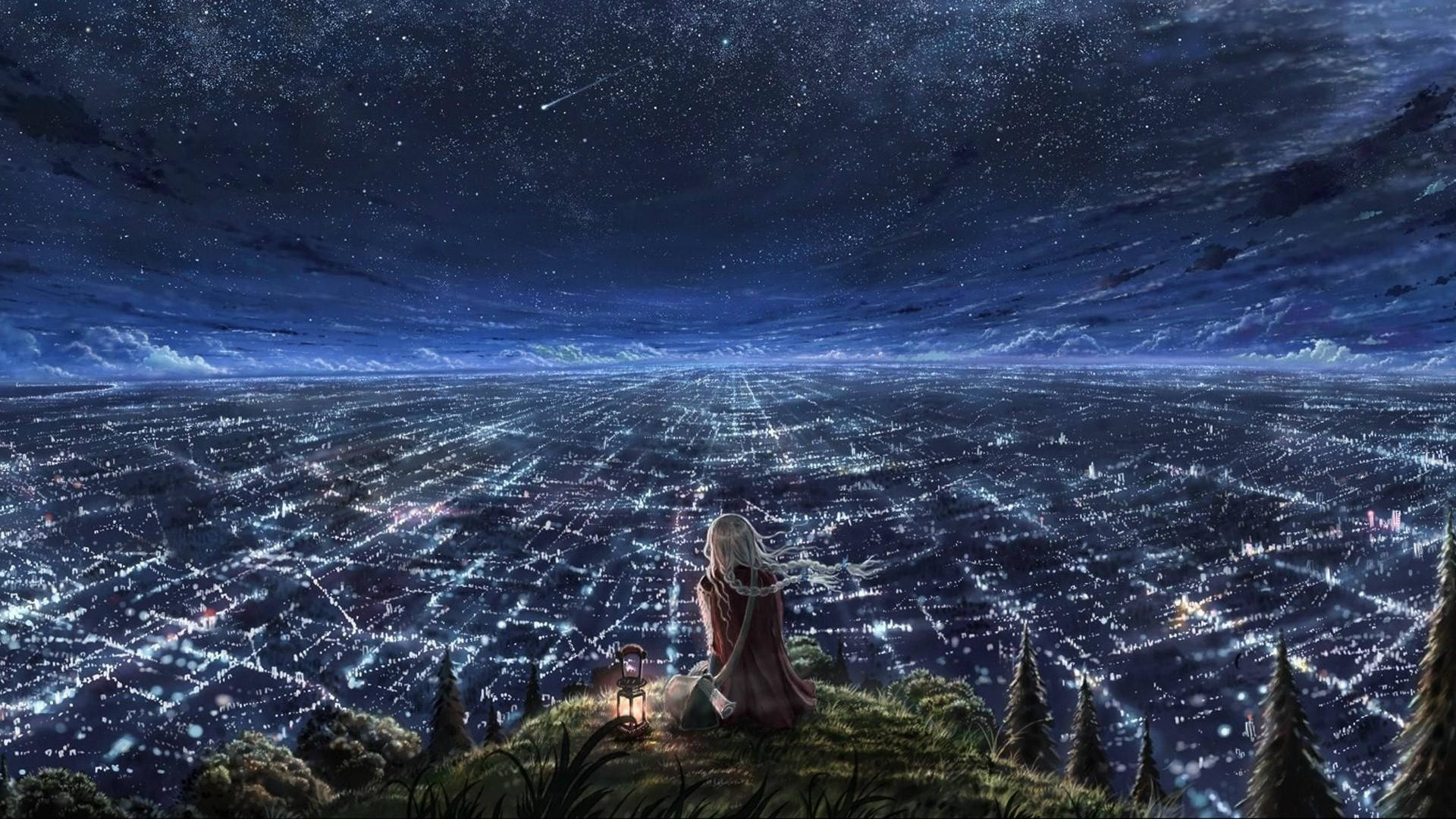 Girl On Cliff Anime Night Sky Wallpaper