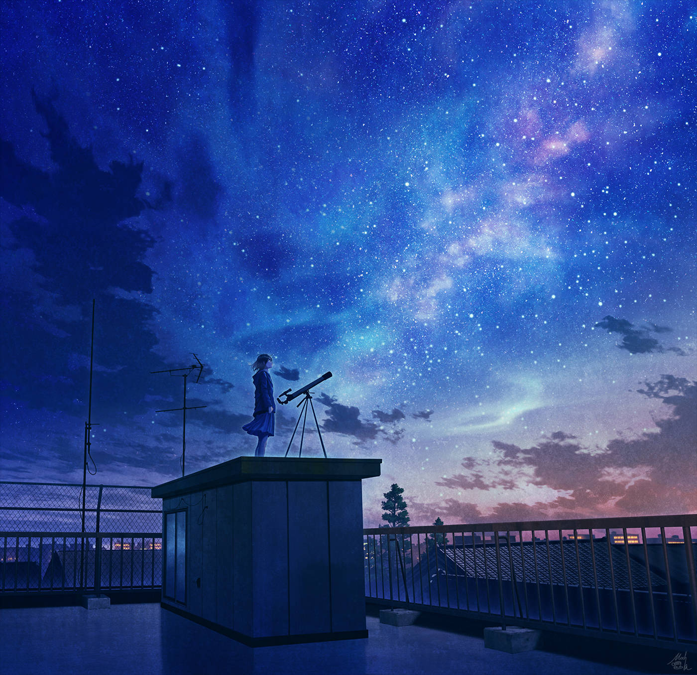 Girl On Rooftop Anime Night Sky Wallpaper