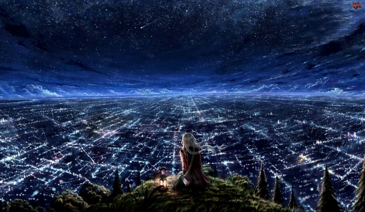 Girl On Top Of A Hill Night Anime Wallpaper