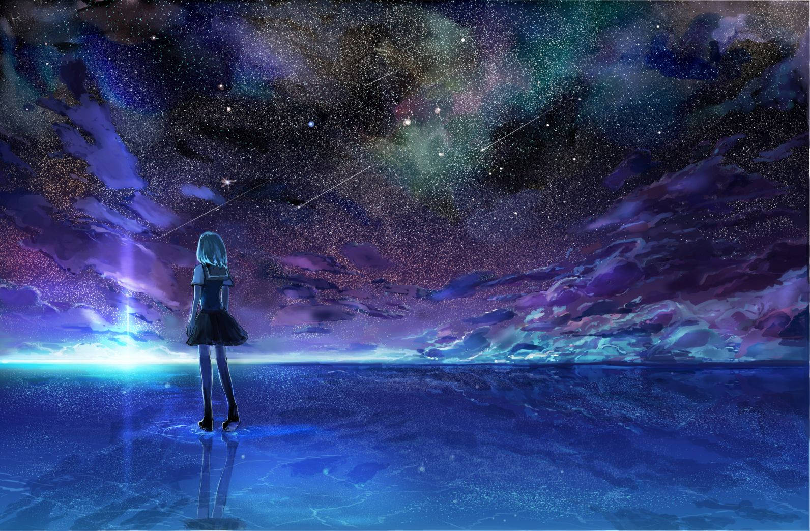 Chicasobre El Agua, Anime En El Cielo Nocturno Fondo de pantalla