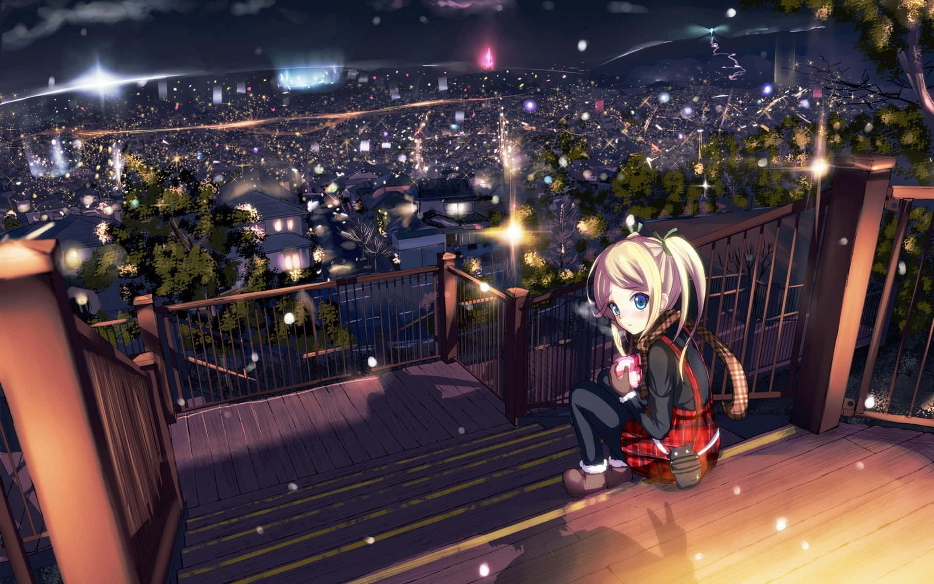 Girl On Wooden Stairs Night Anime Wallpaper