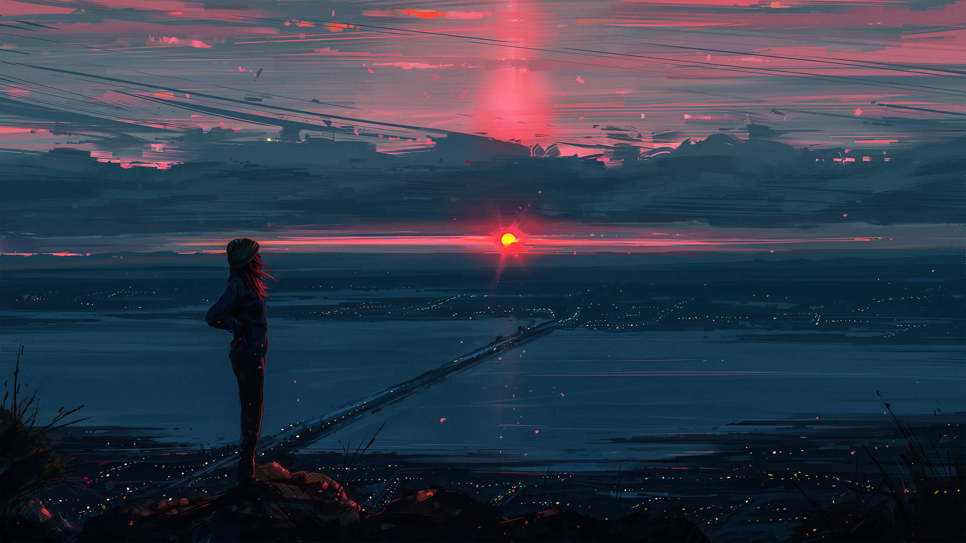 Girl Overlooking Bay Anime Aesthetic Sunset