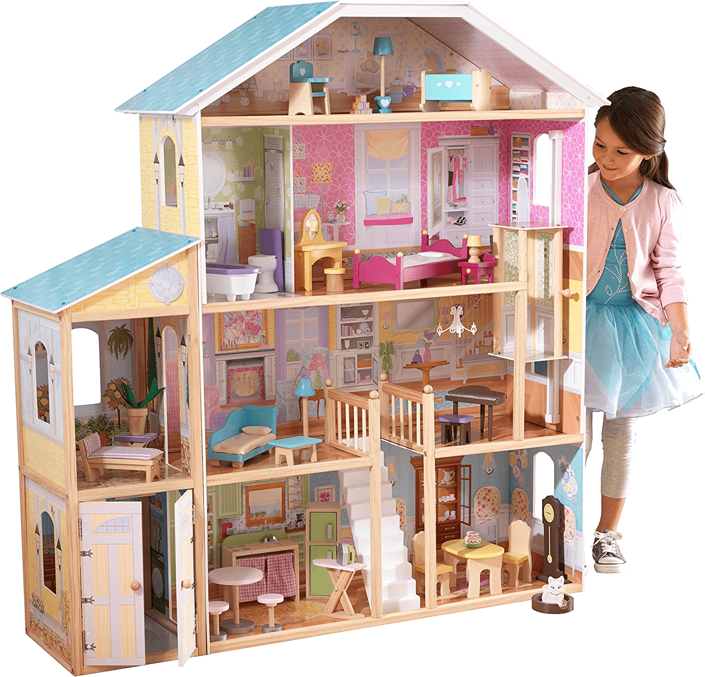 Girl Playing With Large Dollhouse PNG